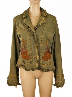 Vintage 2000s Y2K Floral Leaf Beaded Embroidered Flare Sleeve Demin Jean Jacket